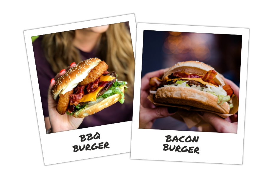 Zwei Polaroidbilder, eines zeigt einen Barbecue Burger, das andere einen Bacon Burger