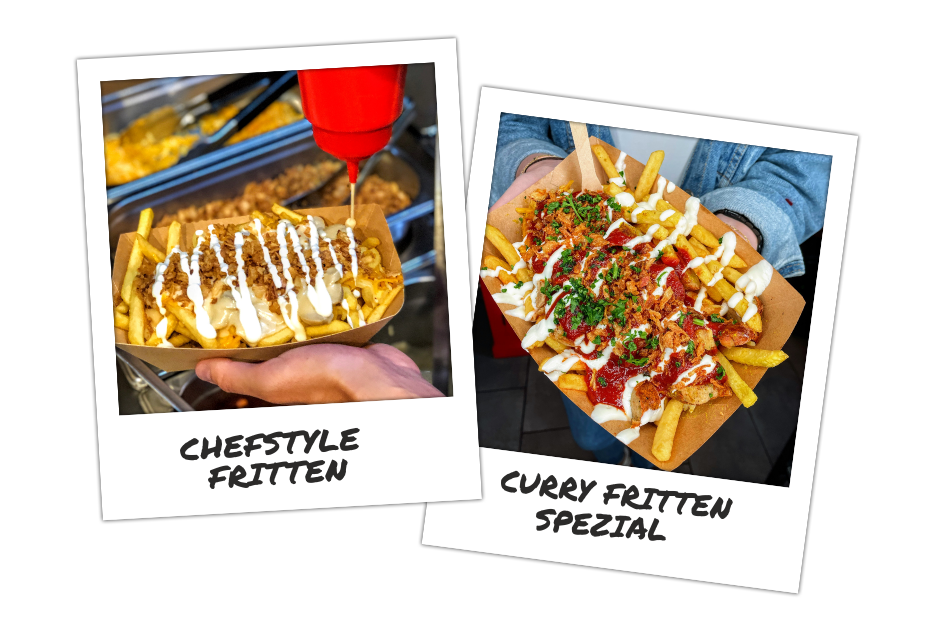 Zwei Polaroidbilder, das eine zeigt Chefstyle Fritten, das andere Curry Fritten Spezial