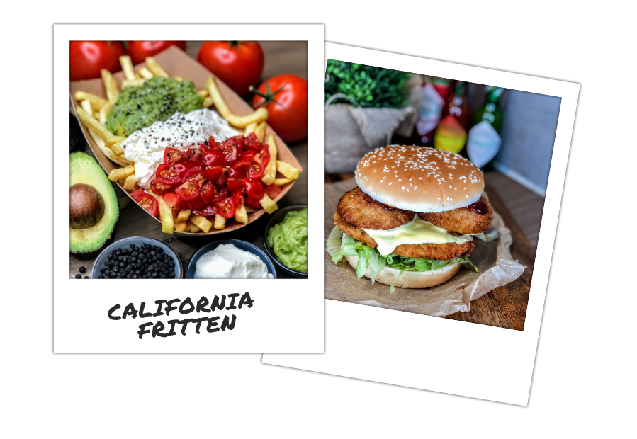 Zwei Polaroidbilder, eines zeigt eine Portion California Fritten mit Guacamole, Creme Fraiche und Tomaten, das andere zeigt einen Veggieburger Burger.